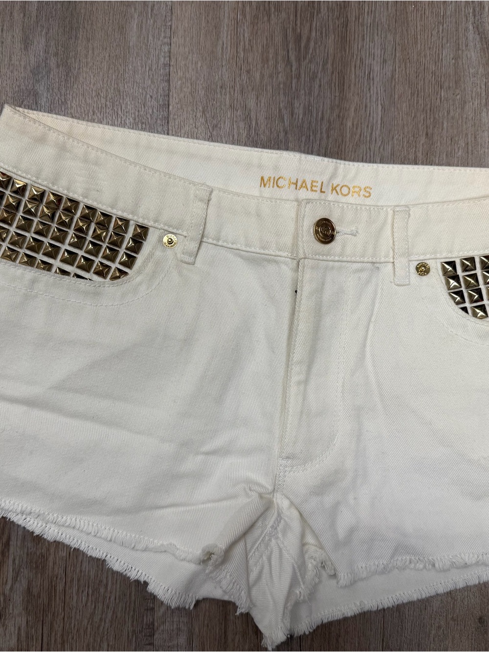 Michael Kors White Denim Shorts with Gold Stud Accents